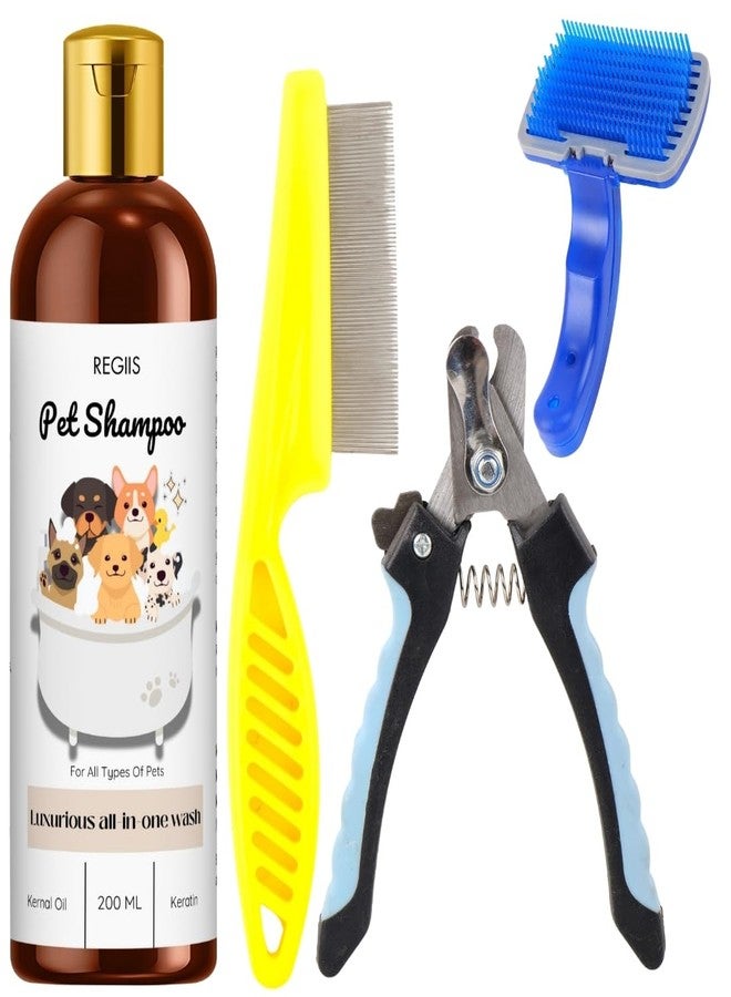 مجموعة ريجيس للعناية بالحيوانات الأليفة، مجموعة من 4 قطع مع شامبو للكلاب 200 مل، وفرشاة تنظيف ذاتية، ومشط للبراغيث، ومقص أظافر لجميع أنواع الحيوانات الأليفة - Image 1